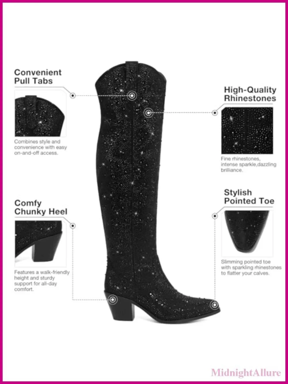 Rhinestone Women's Over the Knee Cowboy Boots Pointed Toe Block Heel